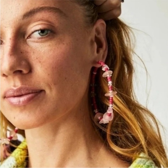 Free People Pink Beaded Hoop Earrings - Picture 2 of 6